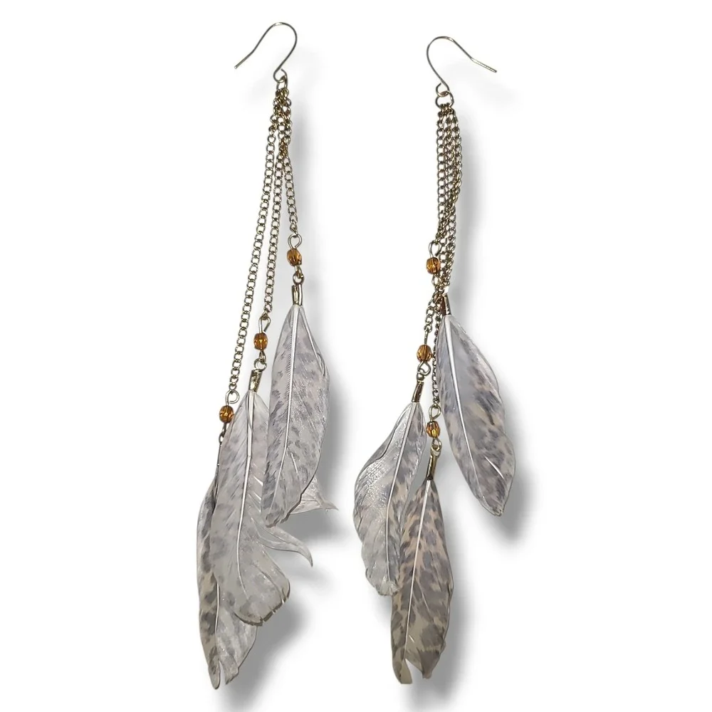 Boho Feather Shoulder Duster Dangle Earrings Gold Tone 6